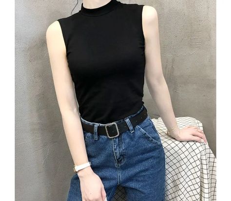 Basic Black Sleeveless Tank Top, Turtle Neck Tank Top Outfit, Casual High Neck Black Tank Top, Black Fitted Sleeveless T-shirt, Casual Black V-neck Tank Top, Black Sleeveless Coquette Top, Plain Tank Tops, Turtleneck Tank Top, Sleeveless Tee