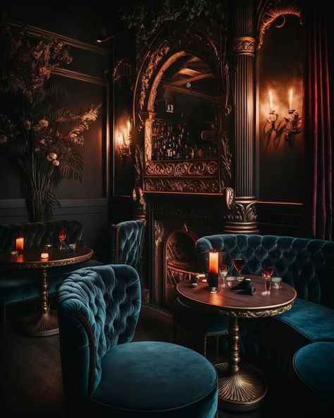 Modern Baroque Interior, Speak Easy Aesthetic, Modern Gothic Interior, Moody Rainbow, Gothic Bar, Zigarren Lounges, Baroque Interior Design, Speakeasy Decor, Dark Home Decor