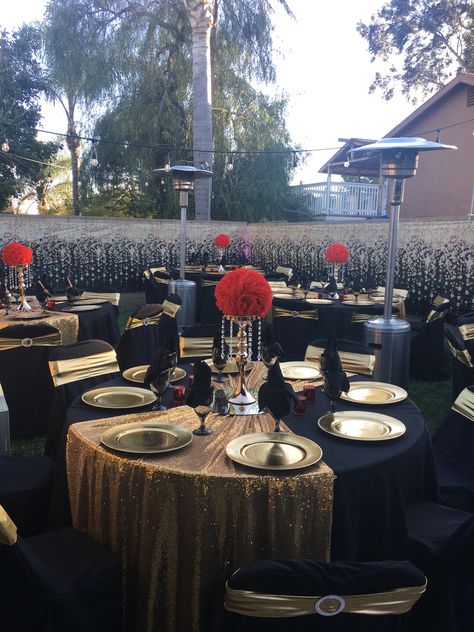 Gold Black And Red Wedding, Black Gold Red Decorations, Red Black And Gold Event Decor, Red Black And Gold Theme Party, Black Gold And Red Quinceanera Theme, Met Gala Graduation Theme, Gold Red Black Party, Red Black Gold Backdrop, Red Black Gold White Table Setting