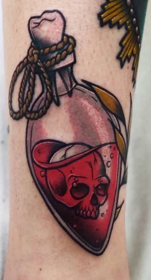 Vile Tattoo, Curse Tattoo Designs, Neotraditional Filler Tattoo, Vial Tattoo Design, Potion Bottles Tattoo, Love Potion Number 9 Tattoo, Poison Vial Tattoo, Tattoo Bottle, Potion Vial Tattoo