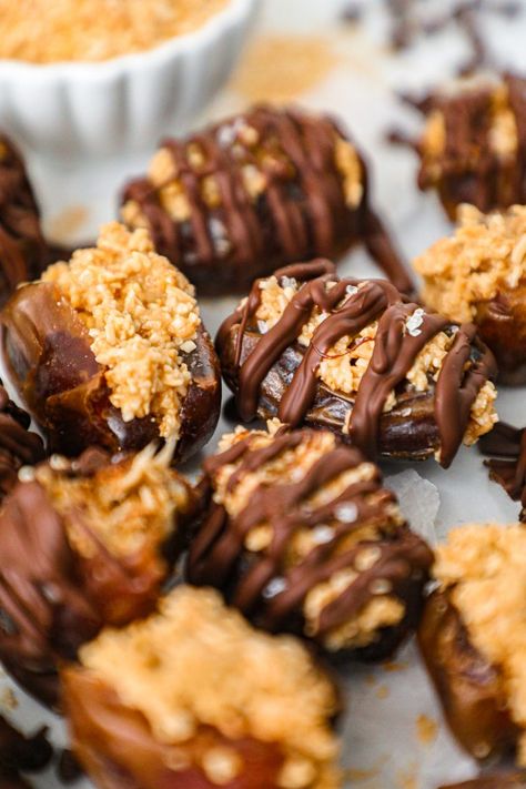 Cookie Dough Stuffed Dates, Kalefornia Kravings, Samoa Cookie, Samoa Cookies, Macro Recipes, Stuffed Dates, Caramel Chocolate Chip Cookies, Hazelnut Butter, Date Recipes