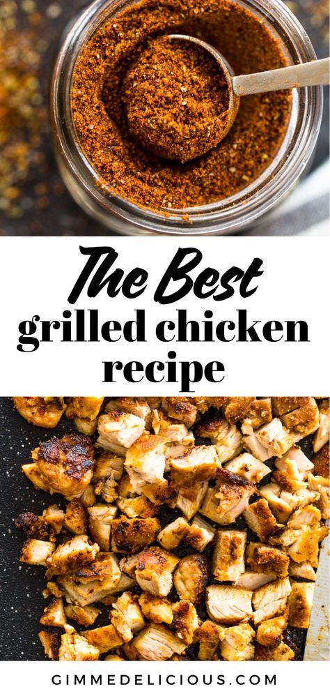 Charred and Tender grilled chicken spiced with a special blend of homemade taco seasoning can be grilled or cooked on the stove-top. It’s delicious in tacos, burritos, on salads, or for meal-prep! Save this simple and healthy recipe from gimmedelicious.com Fajitas Chicken Seasoning, Seasoned Grilled Chicken Recipes, Seasonings For Grilled Chicken, Grilled Chicken Spices, Chicken Seasoning Recipes Grilled, Best Seasoning For Grilled Chicken, Spanish Grilled Chicken, Grilled Chicken On Stovetop, Chicken Seasoning For Grilling