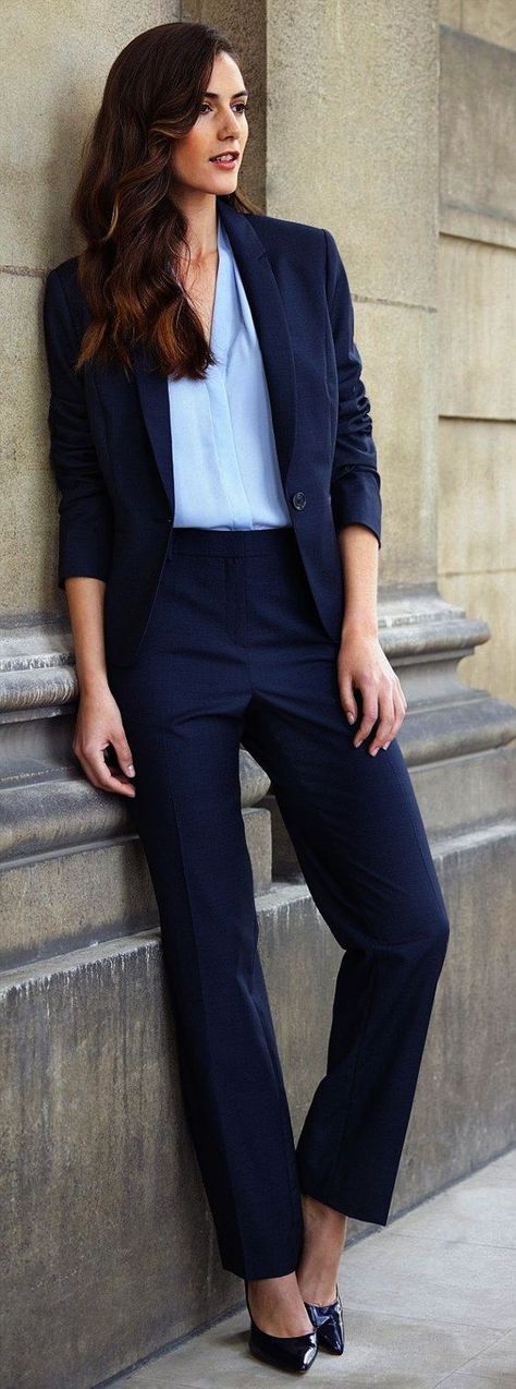 Ice Blue Shirt & Navy Pantsuit. Business Formal Outfit, Ladies Trouser Suits, Suits And Sneakers, Look Office, Corporate Attire, Professional Attire, Hollywood Fashion, Pamplona, Work Outfits Women