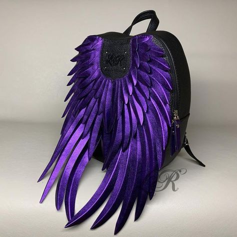 Angel Wings Backpack, Wings Backpack, Backpack Purple, Gothic Bag, Backpack Gift, Purple Backpack, Unique Purses, Women Leather Backpack, Black Leather Backpack