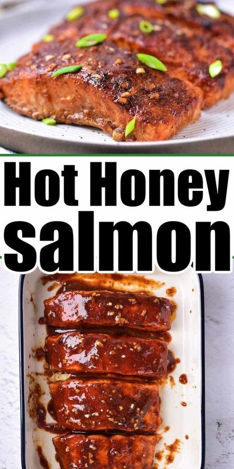 If you're looking for a healthy dinner recipe, try our hot honey salmon. It's super easy to make - just cover the fish with a dry rub and drizzle it with a sweet and spicy sauce. Our guide will help you bake and sear this delicious seafood to perfection. You'll need hot honey, hot sauce, soy sauce, brown sugar, and a tasty blend of seasoning to make this Salmon recipe. Serve it with rice or veggies for an easy dinner idea everyone will love. Hot Honey Salmon, Honey Hot Sauce, Honey Salmon Recipes, Honey Baked Salmon, Salmon In The Oven, Hot Honey Sauce, Hot Honey Recipe, Oven Salmon, Honey Glazed Salmon