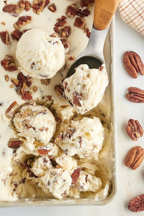 This no-churn butter pecan ice cream is rich, creamy, buttery, nutty, and so, so delicious. Enjoy a scoop of this nostalgic favorite on its own or dress it up with caramel or butterscotch sauce. Butter Pecan Ice Cream Aesthetic, Homemade Butter Pecan Ice Cream, Churn Butter, Scream 4, Butter Pecan Ice Cream, Easy Ice Cream Recipe, Butterscotch Sauce, Creamer Recipe, Pudding Ice Cream