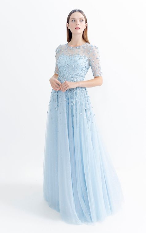 Appliquéd Tulle Dress by Jenny Packham | Moda Operandi Cinderella Wedding Dress, Powder Blue Gown, Blue Dress Long, Wedding Dress Blue, Powder Blue Dress, Reception Gowns, Wedding Dresses Cinderella, Blue Wedding Dresses, Blue Gown