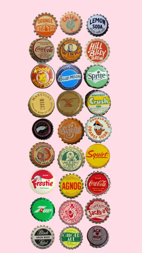 various bottle caps on pink background Circle Collage, Journal Elements, Orange Soda, Cute Wallpaper, Watch Wallpaper, Apple Watch Wallpaper, Highlight Covers, Bottle Caps, Root Beer