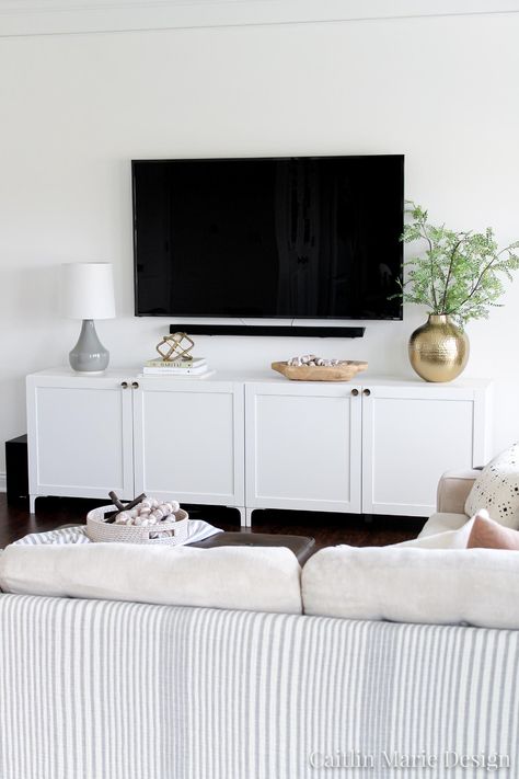 Modern Media Console | IKEA BESTA Hack - Caitlin Marie Design Ikea Tv Console Ideas, Add Legs To Ikea Besta, White Oak Media Console, Besta Desk Hack, Ikea Besta Tv Stand, Ikea Entertainment Center, Michigan Living, Ikea Hack Living Room, Ikea Bestå Hack