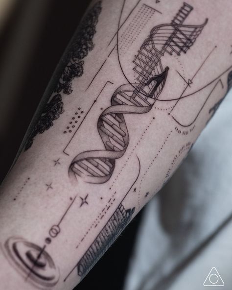 Close-up of fine line geometric tattoo on the inner forearm, featuring a DNA helix transforming into a spiral staircase and a drop of water creating ripples. Custom tattoo design in Los Angeles symbolizing personal growth and progression. Line Geometric Tattoo, Fine Line Geometric Tattoo, Dna Tattoo, Dna Helix, Inner Forearm, Geometric Tattoo Design, Pile Of Books, Steps Design, Custom Tattoo Design