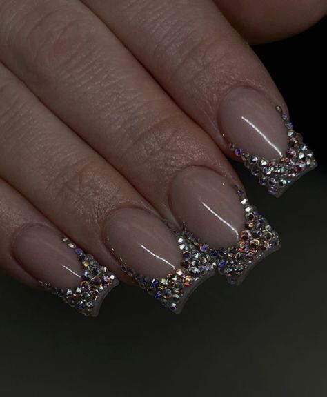 Crystal Tip Nails, Jewel French Tip Nails, Bedazzled French Tip Nails, Diamond French Tip Nails, French Tip Bling Nails, Mini Nails, Glitter Toe Nails, Glitter French Nails, Bridal Sari