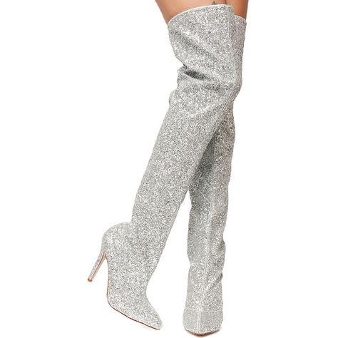 Glitter Thigh High Silver Boots (€55) ❤ liked on Polyvore featuring shoes, boots, silver glitter, pointed toe thigh high boots, thigh high stiletto heel boots, silver thigh high boots, pointed toe over the knee boots and silver stilettos Sparkly Boots Outfit, Sparkly Boots, Above Knee Boots, Thigh High Stiletto Boots, Bling Heels, Silver Boots, Punk Boots, Glitter Boots, Knee High Heels