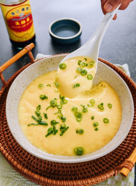 Steamed Eggs (蒸蛋) - The Woks of Life Japanese Steamed Egg, Microwave Steamed Egg, Steamed Egg Recipe, Chinese Steamed Egg, Steamed Eggs Chinese, Steamed Food Recipes, Chinese Eggs, Breakfast Soups, Steam Egg Recipe