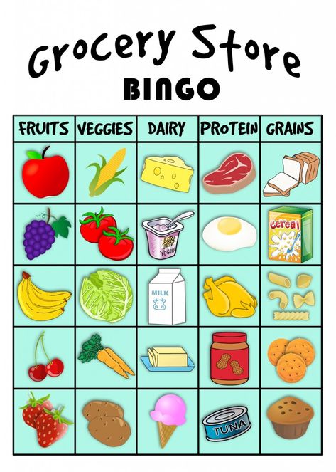 Grocery Store BINGO!  Free printable download for the kids to play on your next trip to the store.  Learning the 5 food groups & smart choices. Food Groups For Kids, 5 Food Groups, Bingo Free Printable, Preschool Food, Food Grocery, Bingo Sheets, Nutrition Activities, Food Activities, Food Pyramid