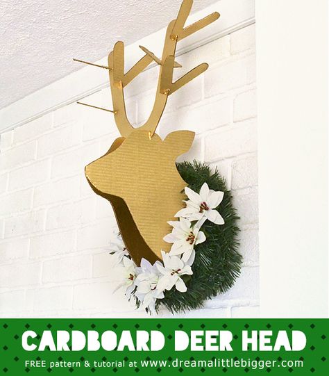 Make a life-size cardboard deer head to put on your wall! Tutorial and Free Pattern. Cardboard Deer Heads, Cardboard Deer, Holiday Party Decorations Christmas, Head Tutorial, Carton Diy, Deer Heads, Reindeer Head, Navidad Diy, Office Christmas