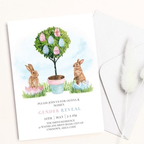 Easter Bunny Rabbits Spring Baby Gender Reveal Invitation Bunny Gender Reveal, Bunny Gender, Easter Gender Reveal, Easter Invitations, Gender Party, Simple Invitation, Gender Reveal Invitations, Bunny Rabbits, Easter Bunny Rabbit