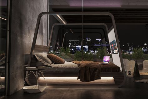 A 70-inch retractable screen equipped smart bed to keep you healthy and entertained! Unique Bed Frames, Relaxation Station, Smart Bed, Bed Frame Design, Retractable Screen, Four Poster Bed, Unique Beds, Smart Furniture, Yanko Design