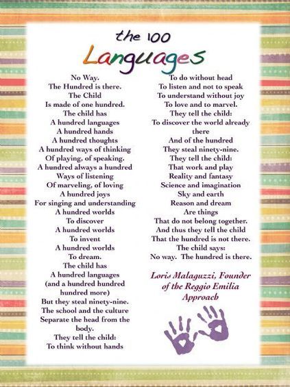 The 100 Languages Poem! #Reggio #100languages The 100 Language, Reggio Emilia Preschool, Reggio Emilia Classroom, Reggio Emilia Approach, Reggio Inspired Classrooms, Reggio Emilia Inspired, Reggio Classroom, Philosophy Of Education, Reggio Inspired