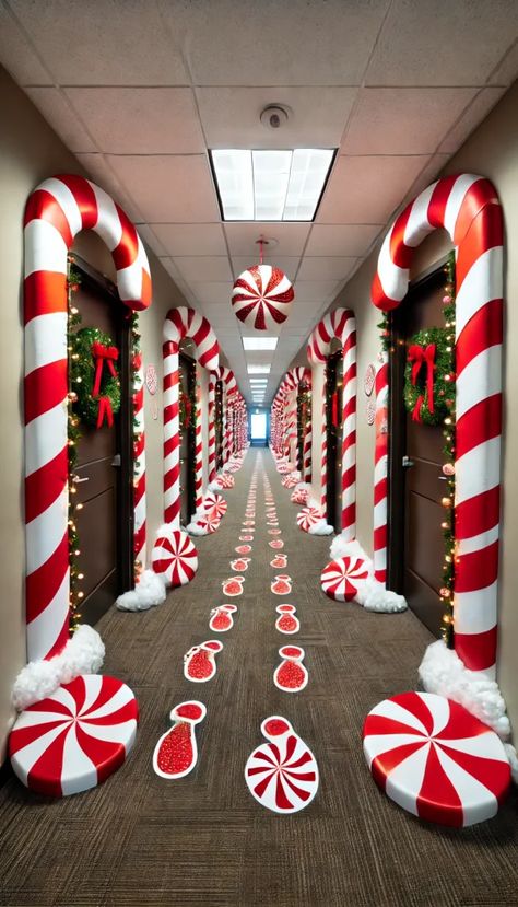 Decorating Hallway For Christmas, Christmas Party Entrance Decor, Candy Cane Hallway Decorations, Business Christmas Decorations, School Hallway Christmas Decorations, Church Christmas Decorations Lobby, Christmas Decoration Office, Christmas Decorating Contest, Christmas Hallway Decorations