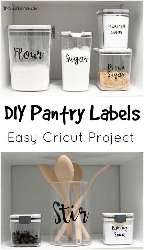 Food Labels For Party, Diy Pantry Labels, Cricut Explore Air Projects, Pantry Containers, Cricut Supplies, Idee Cricut, Cricut Explore Projects, Style Pantry, Diy Pantry