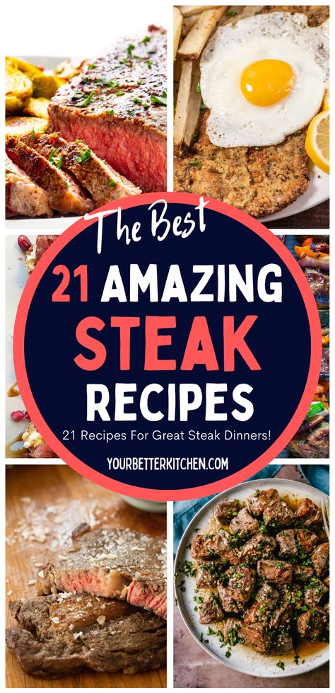 This list of 21 Amazing Steak Recipes will have you wishing for smell-o-vision. Here's why, from garlic herb butter steak bites to deep-fried Milanesa steak with eggs. It's so incredible you'll want to try them all. Club Steak Recipes How To Cook, Milanesa Recipe Steak Easy, Steak Meat Recipes, Rib Steak Recipe, Garlic Herb Butter Steak, Herb Butter Steak, Steak Ideas, Healthy Steak Recipes, Easy Steak Dinner