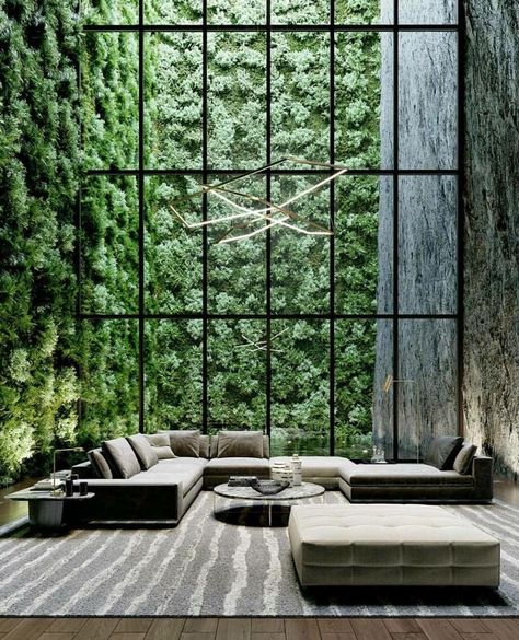 Living Space | Interior Courtyard Green Wall Dark Green Living Room, Green Living Room Decor, Big Windows, Living Room Green, Minimalism Interior, Modern Room, Design Living, Design Case, Large Windows