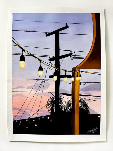 Patio lights with sunset background gouache painting Sunset Gouache Painting, Gouache Sunset, Lanterns Painting, Paint Beginner, Paintings Scenery, Canvas Art Easy, Lantern Painting, Diy Canvas Art Easy, Road Painting