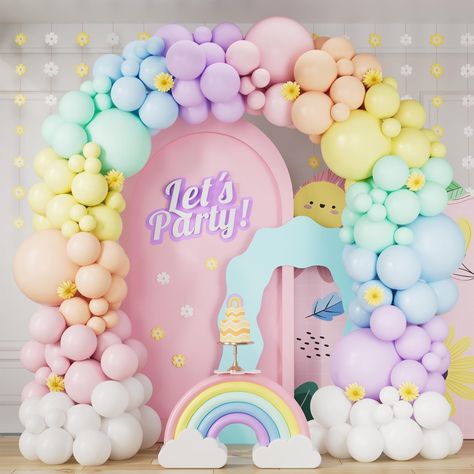 PRICES MAY VARY. Packaging Includes -The Pastel rainbow balloon set includes 163pcs macaron balloons latex balloons in 7 beautiful colors-Pastel purple, Pastel yellow,Pastel blue, Pastel orange, Pastel pink,Pastel green, white, containing 4 sizes of 5in,10in,12in and 18in. High Quality Materials - Our dusty baby blue balloons are made of high quality latex materials, strong and durable, weight up to 3g. Balloon Garland Accessories Kit :balloon ribbon,16ft balloon strip tape,100pcs dot glue. Suit Unicorn Balloon Garland, Pastel Balloon Garland, Rainbow Birthday Party Decorations, Baby Sprinkle Decorations, Rainbow Balloon Arch, Rainbow Themed Birthday Party, Blowing Up Balloons, Bear Baby Shower Theme, Pastel Party