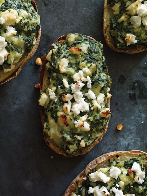 Loaded Potatoes, Dark Leafy Greens, Loaded Potato, Twice Baked, Twice Baked Potatoes, Potato Side Dishes, Potato Skins, Frozen Spinach, Baked Potatoes