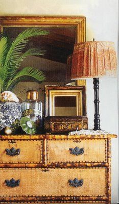 I'm imagining how easy this would be to mod podge burlap onto drawer fronts and trim out with bamboo. Coastal Chinoiserie, West Indies Decor, Tropical British Colonial, British West Indies Style, West Indies Style, British West Indies, British Colonial Decor, Colonial Interior, British India