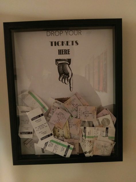 Movie Ticket Aesthetic, Movie Ticket Stubs Display, Ticket Shadow Box Ideas, Geek Room Decor, Movie Ticket Shadow Box Diy, Ticket Shadow Box, Ticket Cinema, Movie Ticket Stubs, Decoupage Table