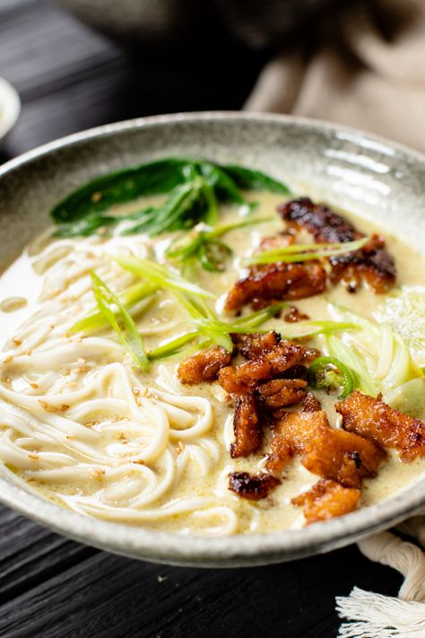 Green Curry Udon Noodle Soup - This Savory Vegan Tofu Udon Soup, Vegan Asian Soup, Udon Noodle Recipe Soup, Gluten Free Udon Noodles, Green Curry Ramen, Creamy Udon, Vegan Noodle Soup, Coconut Broth, Udon Noodles Recipe