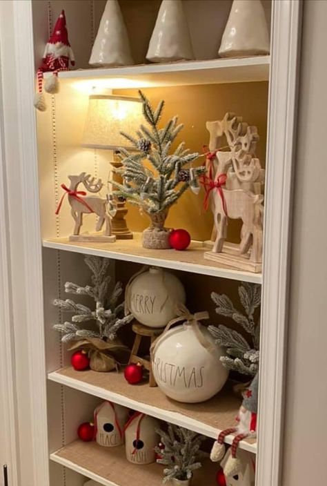 Decorating Bookshelves Christmas, Christmas Fireplace Shelves Decor, Christmas Styled Bookshelves, Kallax Christmas Decor, High Shelf Christmas Decorating, Christmas Book Shelves Decor, Book Shelf Christmas Decor Ideas, Christmas Book Case Decorations, Farmhouse Christmas Bookshelf Decor