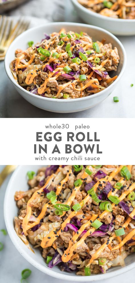 This Whole30 egg roll in a bowl with creamy chili sauce is a wonderfully flavorful, quick Whole 30 recipe. This low carb and paleo "crack slaw," as it's affectionately called, is an addictive Asian dinner recipe the whole family will love. #whole30 #keto Whole 30 Recipe, Creamy Chili, Telur Gulung, Asian Dinner, Great Dinner Recipes, Egg Roll In A Bowl, Asian Dinner Recipes, Asian Dinners, Whole30 Keto