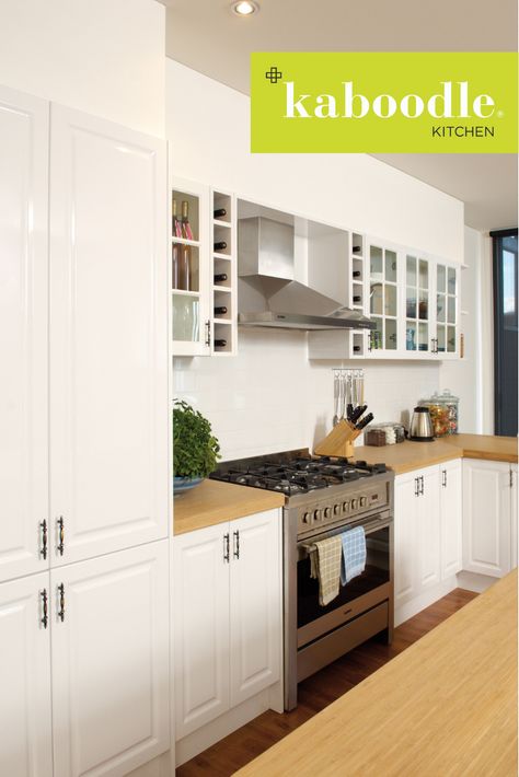 A tradition worth keeping…our gloss white doors with a heritage profile add serious character to this kitchen, with bamboo benchtops adding to the charm. . . . #kaboodlekitchen #kitchendesign #diy #kitchen #interiorsinspo #interiordesign #glosswhite #bamboo #heritage Kaboodle Kitchen, Heritage Kitchen, Country Bedroom Furniture, Flatpack Kitchen, Farmhouse Style Furniture, Farmhouse Living Room Furniture, Farmhouse Interior Design, Kitchen Images, Smitten Kitchen