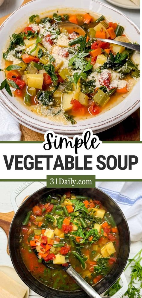 Discover the perfect vegetable soup recipe that is healthy, comforting, and easy to make. Customize it with your favorite veggies! Vegetable Soup Easy Quick, Vegetable Soup With Spinach, Meatless Vegetable Soup, Hearty Vegetable Soup Recipes, Simple Veggie Soup, Instapot Vegetable Soup, Crockpot Soup Recipes Vegetarian, Fall Crockpot Recipes Soup, Fall Soups And Stews Healthy