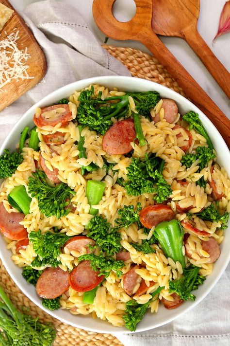 Orzo Healthy, Turkey Kielbasa Recipes, Sausage Orzo, Turkey Sausage Recipes, Sausage Dinner, Kielbasa Recipes, White Bean Salad, Orzo Recipes, Giada De Laurentiis