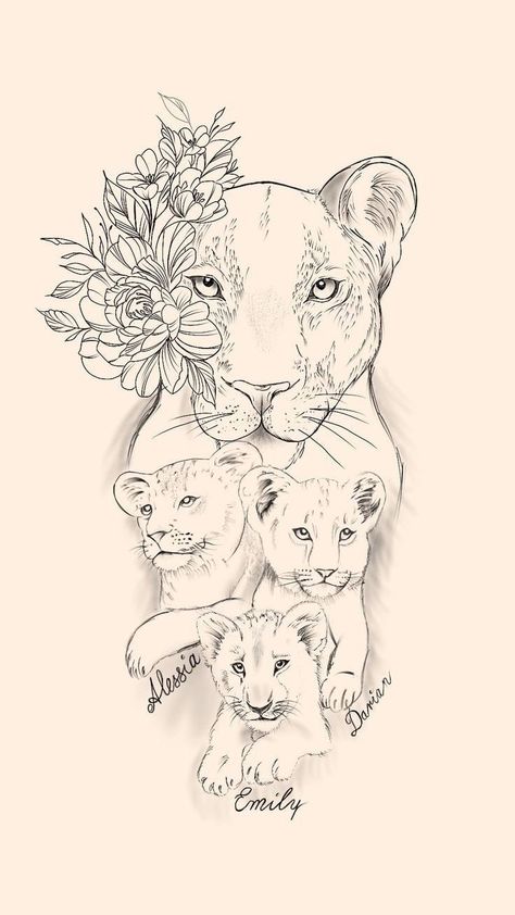 Sketches For Tattoos, Lioness And Cub Tattoo, Lion Cub Tattoo, Small Tattoos Minimalist, Lioness Tattoo Design, Tattoos Owl, Sacred Geometry Tattoos, Tattoos Feather, Tattoos Lion