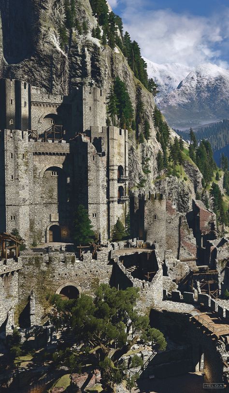 Castle Carved Into Mountain, Kaer Morhen Castle, The Witcher Kaer Morhen, Kingslanding Aesthetic, Castle Built Into Mountain, Witcher Kaer Morhen, Medieval Landscape, Mountain Kingdom, Medieval Kingdom