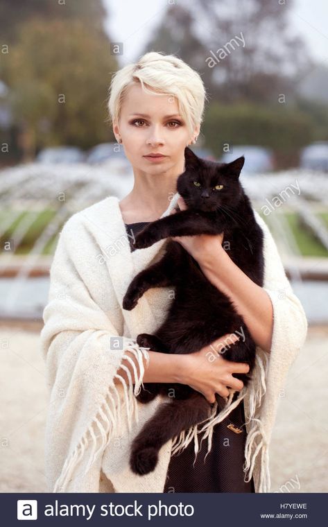 beautiful blonde woman with a black cat ... Benadryl For Cats, Cat Stock Photo, Animal Hugs, Cat Reference, Cat Stock, Cat Stands, Blonde Woman, Human Reference, Cat Pose