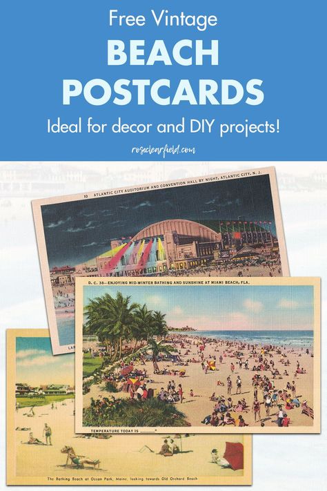 A collection of 27 free printable vintage beach postcards! Beautiful hand-painted, summer-themed images of iconic beach destinations and beyond. There are postcards featuring piers, hotels, resorts, convention centers, sunbathing, swimming, boating, and more. The post includes 8.5" x 11" pages for easy printing and ATC-card digital college sheets. #freeprintables #vintageprintables #vintagepostcards Postcard Free Printable, Vintage Postcards Printable Free, Vintage Post Cards Printable, Vintage Summer Postcards, Beach Scene Pictures, Beach Printables, Seaside Postcards, Vintage Beach Postcard, Beach Art Prints