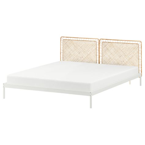 VEVELSTAD bed frame with 2 headboards, white/Tolkning rattan, King - IKEA CA Vevelstad Bed, Minimal Bed Frame, Coastal Bedroom Decorating, Kids Flooring, White Headboard, King Size Bed Frame, Material Bed, Bed Slats, Beds & Bed Frames