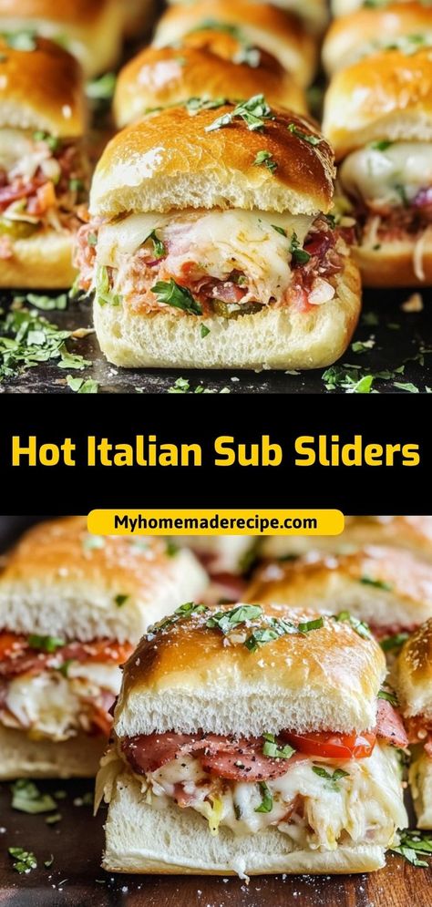 These Hot Italian Sub Sliders are loaded with salami, ham, pepperoni, and melted provolone cheese on soft slider rolls. Perfect for game days or gatherings! Ingredients: 12 slider rolls 1/2 lb sliced salami 1/2 lb ham 1/2 lb pepperoni 6 slices provolone cheese A warm, melty slider that’s packed with bold Italian flavors