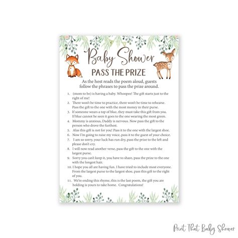 Left And Right Game, Baby Shower Poems, Pass The Prize Game, Baby Shower Game Gifts, Pass The Parcel, Woodland Creatures Baby Shower, Baby Shower Balloon Decorations, Game Gifts, Shower Prizes