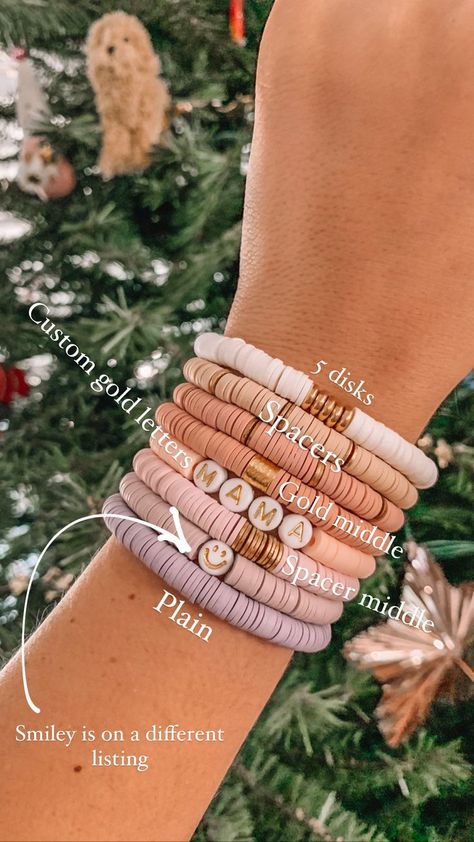 Neutral Mama Bracelet Stack, Popular Bracelets 2022, Heishi Bracelet Color Combos, Diy Stack Bracelets, Diy Heishi Bracelets, Trending Beaded Bracelets 2023, How To Make Heishi Bracelets, Clay Disk Bracelets, Clay Bead Bracelet Stacks