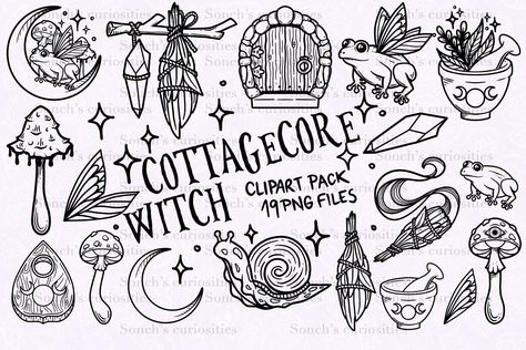 Cottagecore witch lineart - PNG pack Cottage Core Aesthetic Tattoo, Cottage Witch Tattoo, Goth Cottage Core Tattoo, Spooky Cottagecore Tattoo, Small Cottagecore Tattoo, Cottagecore Line Art, Cottagecore Tattoo Sleeve, Cottage Core Doodles, Esoteric Doodles