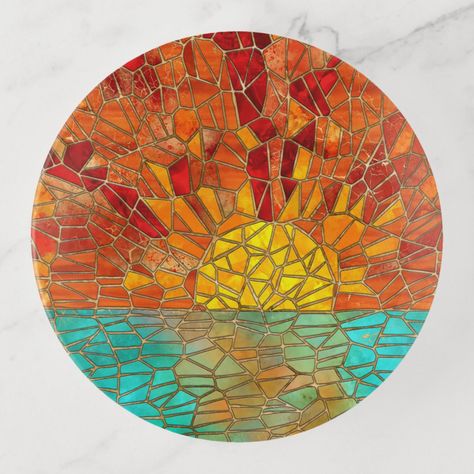 Sunrise over sea mosaic art Easy Mosaic Patterns For Beginners, Small Mosaic Ideas, Rectangle Mosaic Pattern, Mosaic Lazy Susan Patterns, Bead Mosaic Art, Mosaic Design Ideas, Simple Mosaic Art, Round Mosaic Designs, Sea Mosaic Ideas