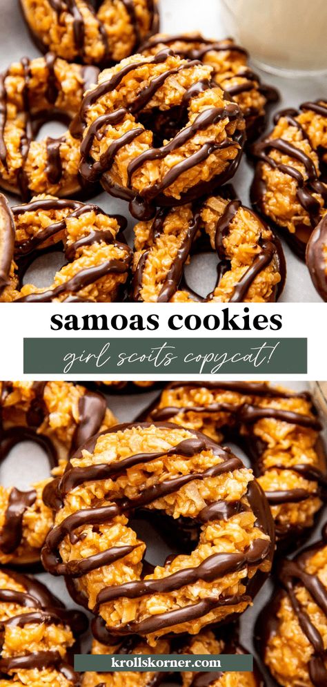 Samoas Cookies (Girl Scout Copycat) • Kroll's Korner Homemade Somoa Cookies Girl Scouts, Girl Scout Samoa Cookies Recipes, Copycat Samoa Cookies, Samosa Cookie Recipe, Samoa Girl Scout Cookie Recipe, Kroll Korner Cookies, Samoa Thumbprint Cookies, Homemade Samoa Cookies, Samoan Cookies