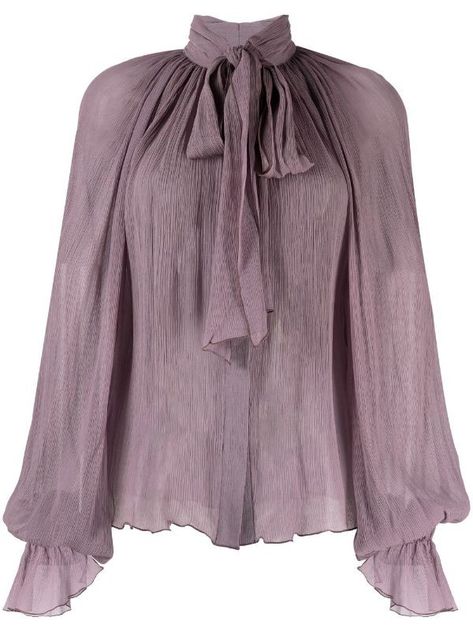 Frilly Blouse Ruffles, Nymphaea Lotus, Satin Bow Blouse, Fashion Week Dresses, Frilly Blouse, Blouse Purple, Couture Outfits, Bow Collar, Purple Blouse