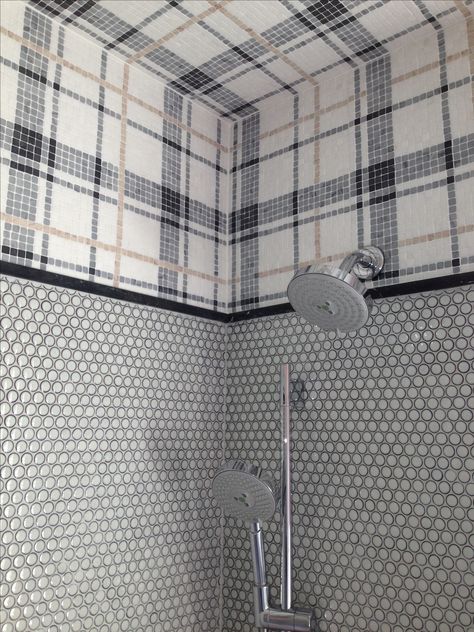 Plaid tile idea for kids bathroom from Jen Talbot Design Plaid Tile, Penny Tile, Spa Shower, Bathroom Tub, Bathroom Shower Tile, Boys Bathroom, Tile Inspiration, Bathroom Spa, Bathroom Floor Tiles